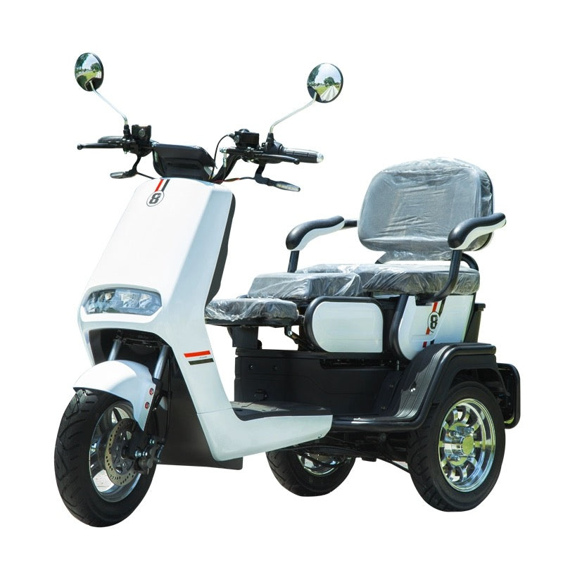 Electric tricycle for household and leisure activities, with double seats and a pure electric range of 65km and above. It has a maximum power of 1000w with a 72v battery and can be used to pick up children and for hill climbing. Suitable for adults.