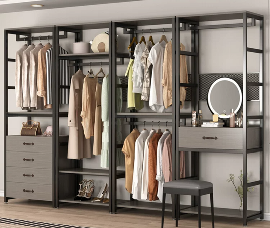 Steel and Wood Elegance: Open Wardrobe Storage Rack for Your Walk-in Closet