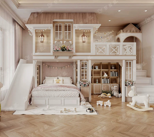 Elevate Your Child's Room: Full House Villa-Style Princess Bed with Staggered Bunks, Desk, Wardrobe, and Sliding Slide - We Bring, We Build