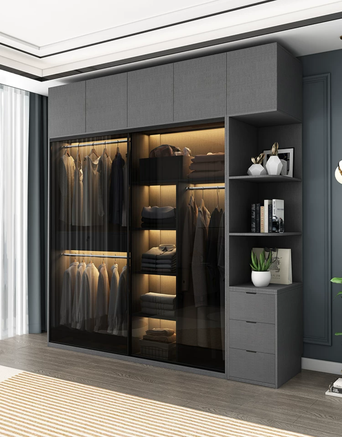 Maximize Space with Our Stylish Gray Sliding Door Wardrobe