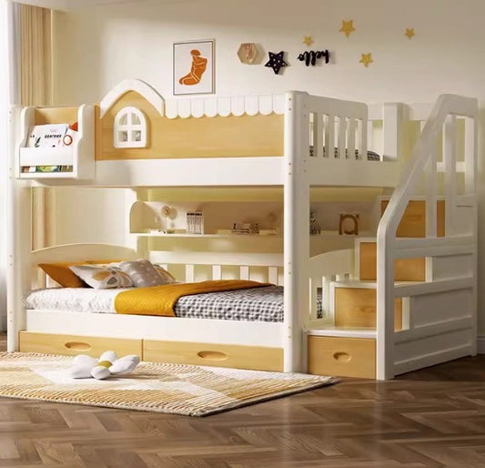 Elevate Your Space with a Full Solid Wood Up and Down Bed: A Children's Dream in Raw Wood and White