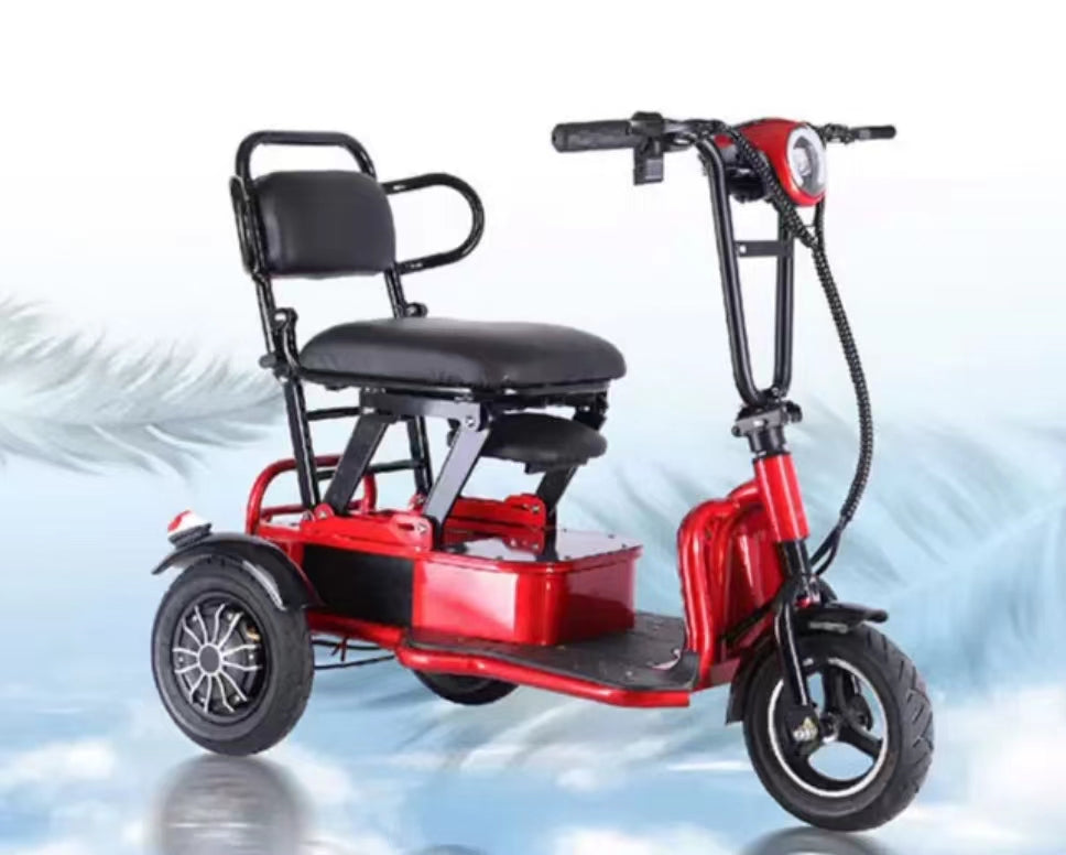 Mini folding electric tricycle for home use, suitable for men, women, elderly, and parent-child transportation. It is lightweight and has three wheels with a 48v battery and a maximum speed of 25km/h