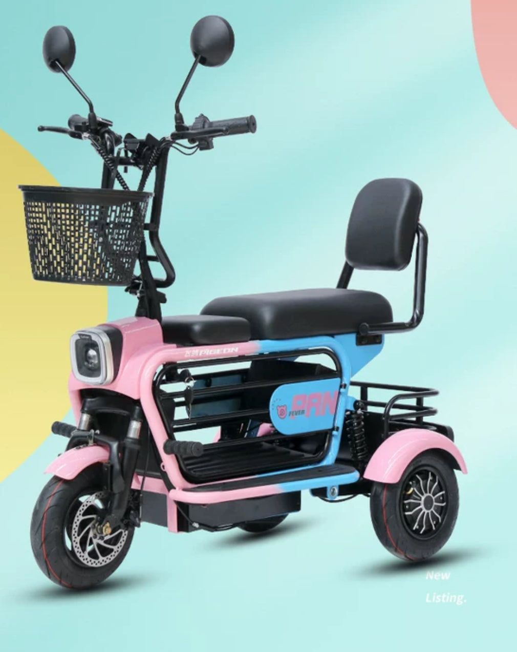 Electric tricycle for parents and children, with a small battery. Can carry up to three people and used as a mobility scooter to transport children.