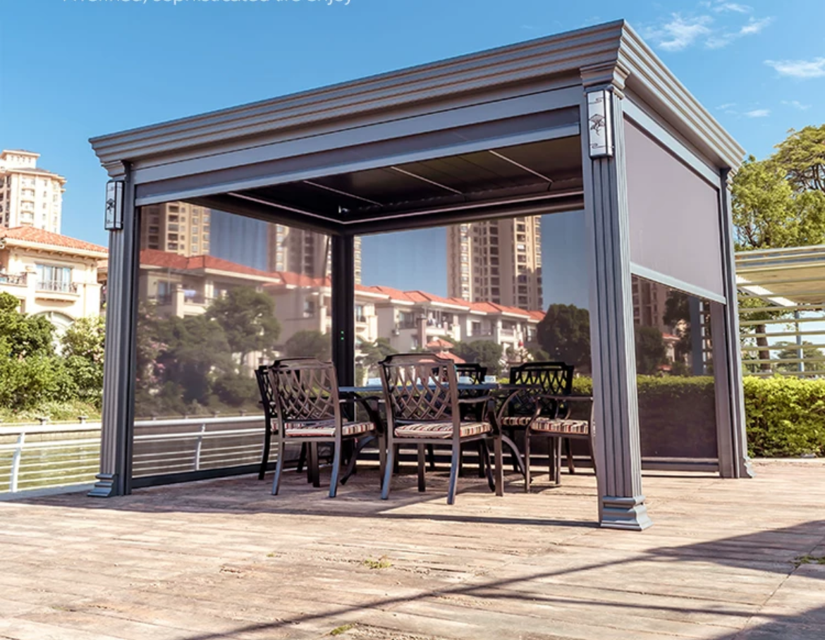 Experience Modern Elegance: The Aluminum Alloy Louver Electric Awning for Your Courtyard Pavilion.