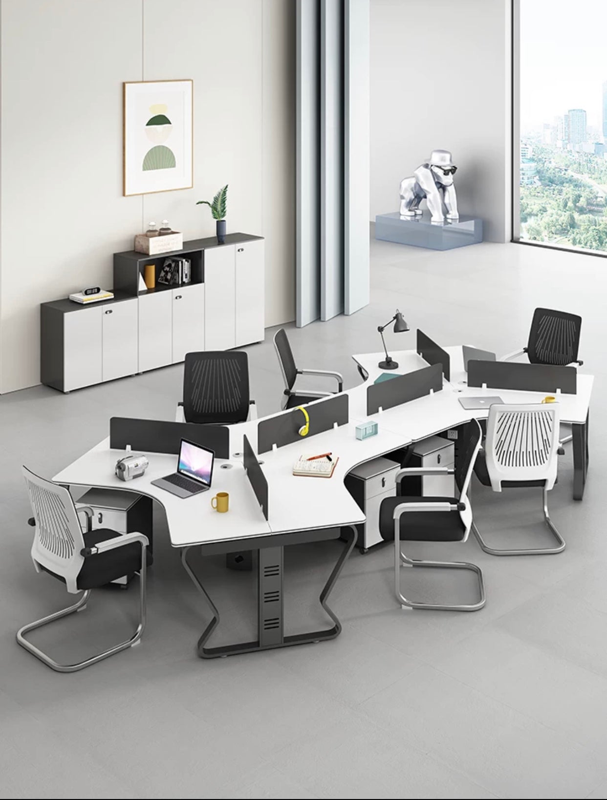 Innovative Workspace: Modern 6 Person Staff Desk, Including Chairs and Cabinets