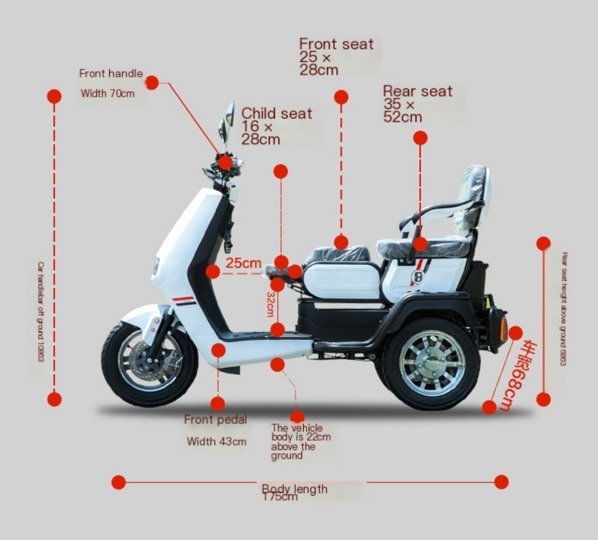 Electric tricycle for household and leisure activities, with double seats and a pure electric range of 65km and above. It has a maximum power of 1000w with a 72v battery and can be used to pick up children and for hill climbing. Suitable for adults.