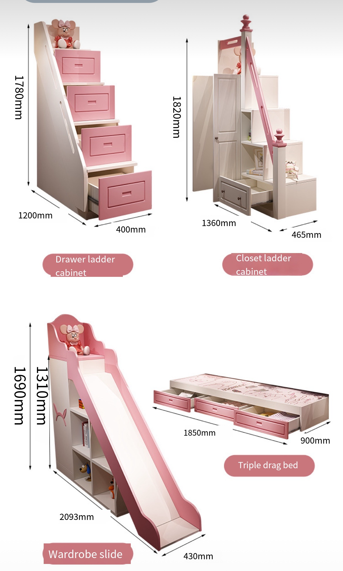 Children's Up and Down Princess Bed with Detachable Slide - Delivered and Installed