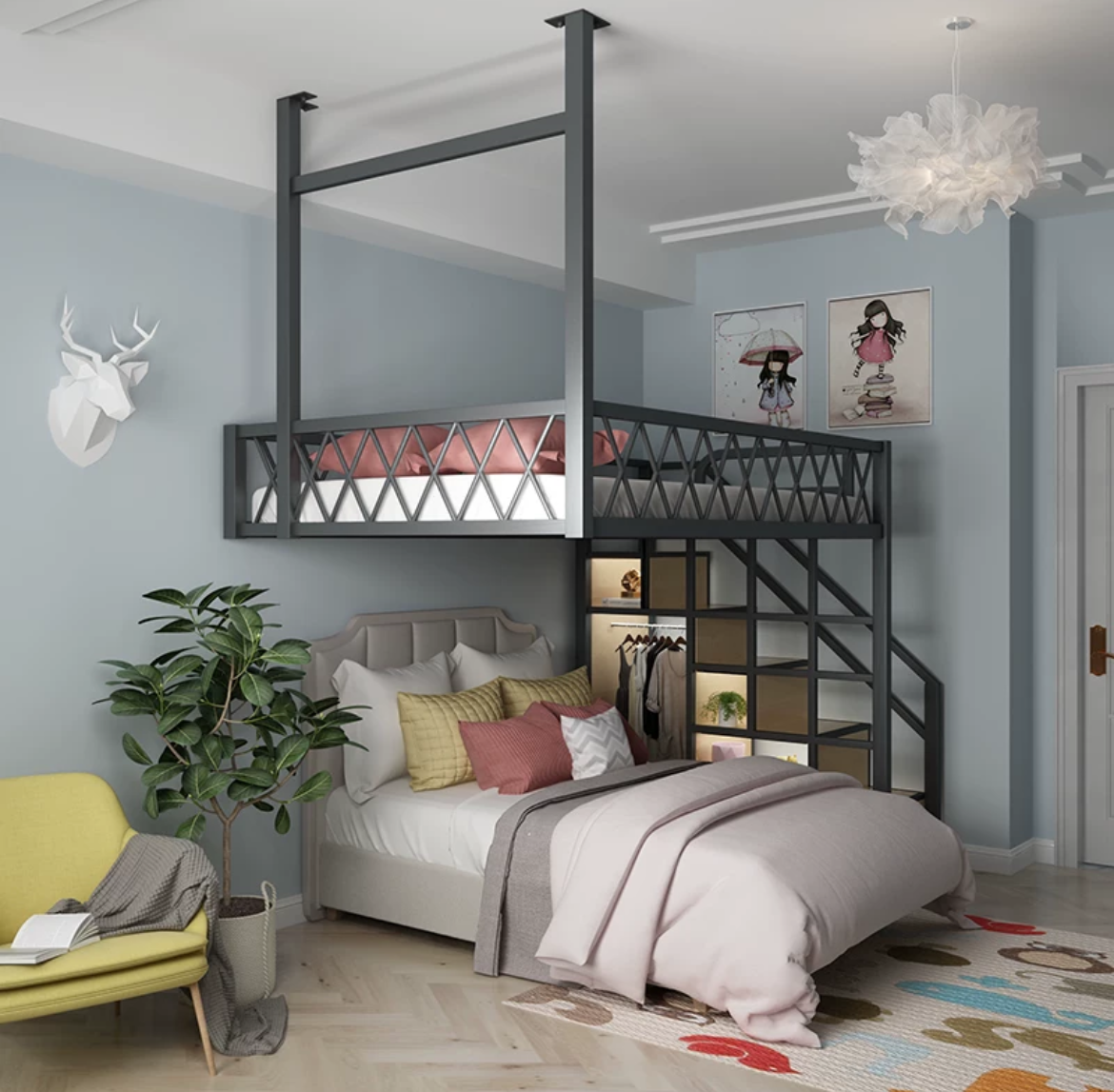 Maximize Your Space: Iron Art Duplex Loft with Modern Loft Bed - Delivered and Assembled with Care!