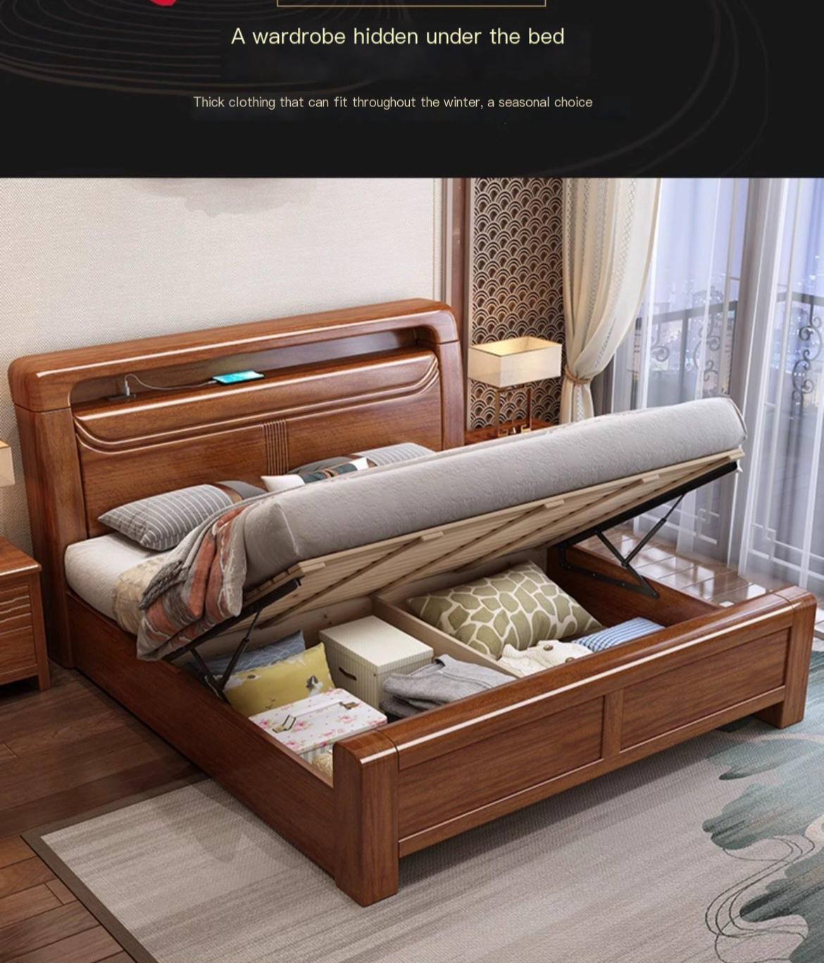 Modern Walnut Wood Double Bed with Storage - Delivered and Assembled Just for You