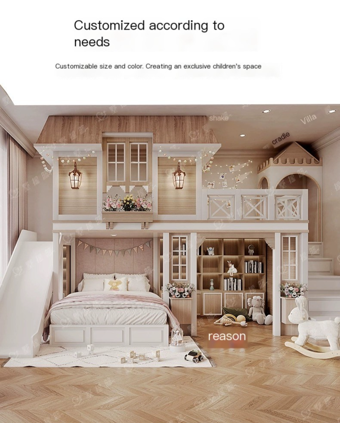 Elevate Your Child's Room: Full House Villa-Style Princess Bed with Staggered Bunks, Desk, Wardrobe, and Sliding Slide - We Bring, We Build