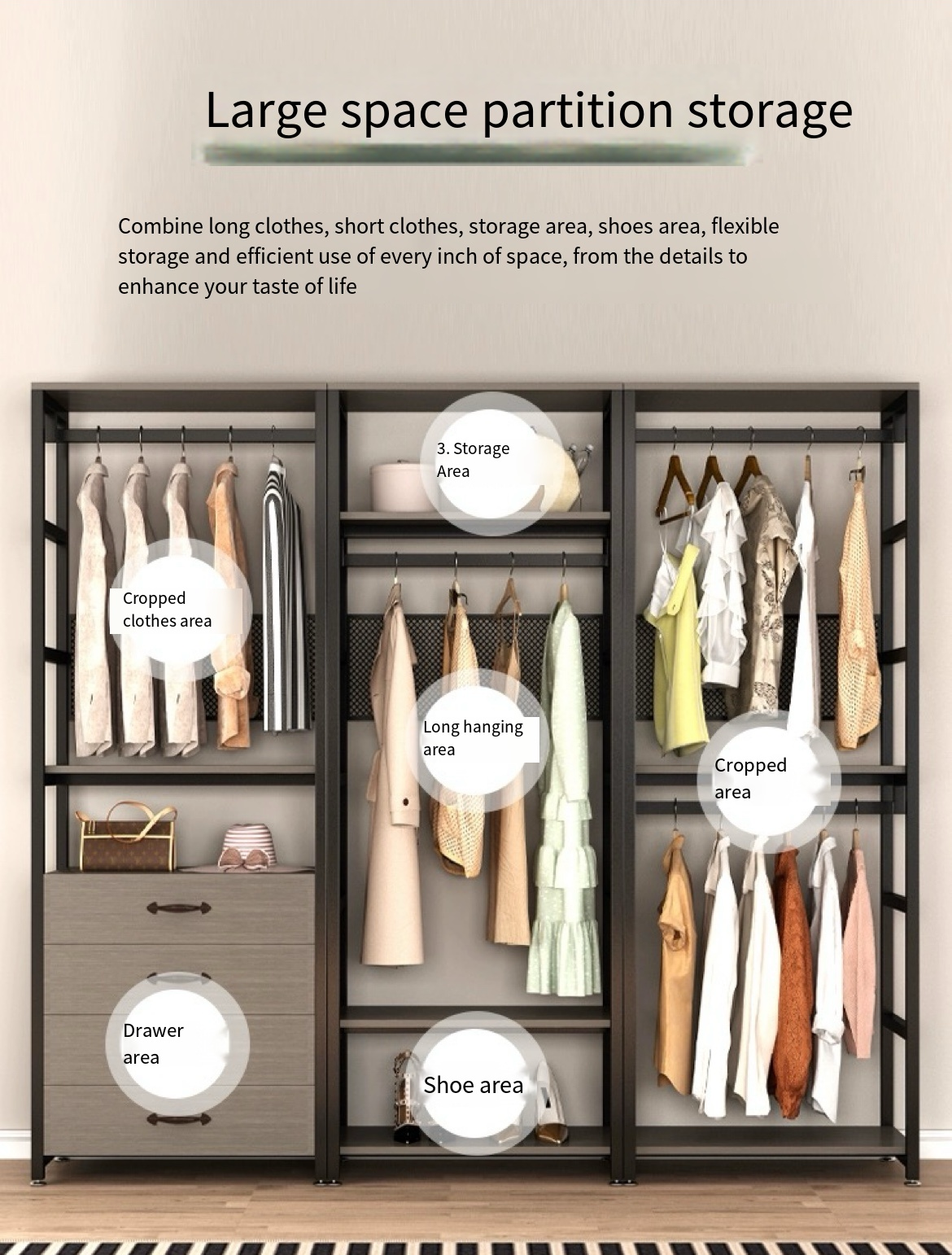 Steel and Wood Elegance: Open Wardrobe Storage Rack for Your Walk-in Closet