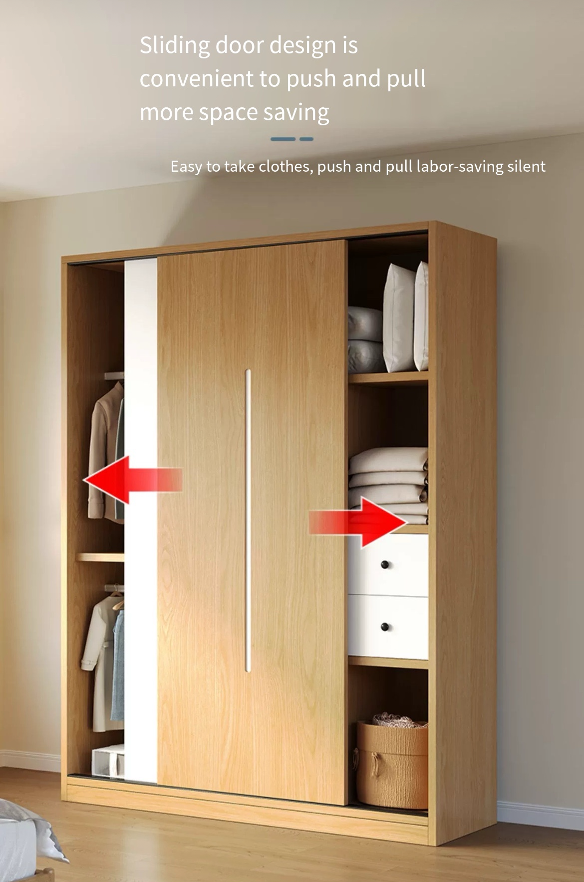 Affordable Storage Solution: Solid Wood Three-Door Wardrobe with Sliding Doors