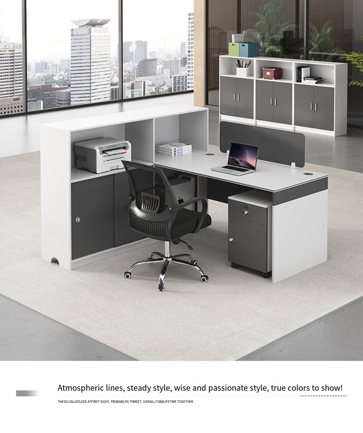 Versatile Modern Office Desk & Chair Combos for 2/4/6 Personnel including Cabinet and Chair.