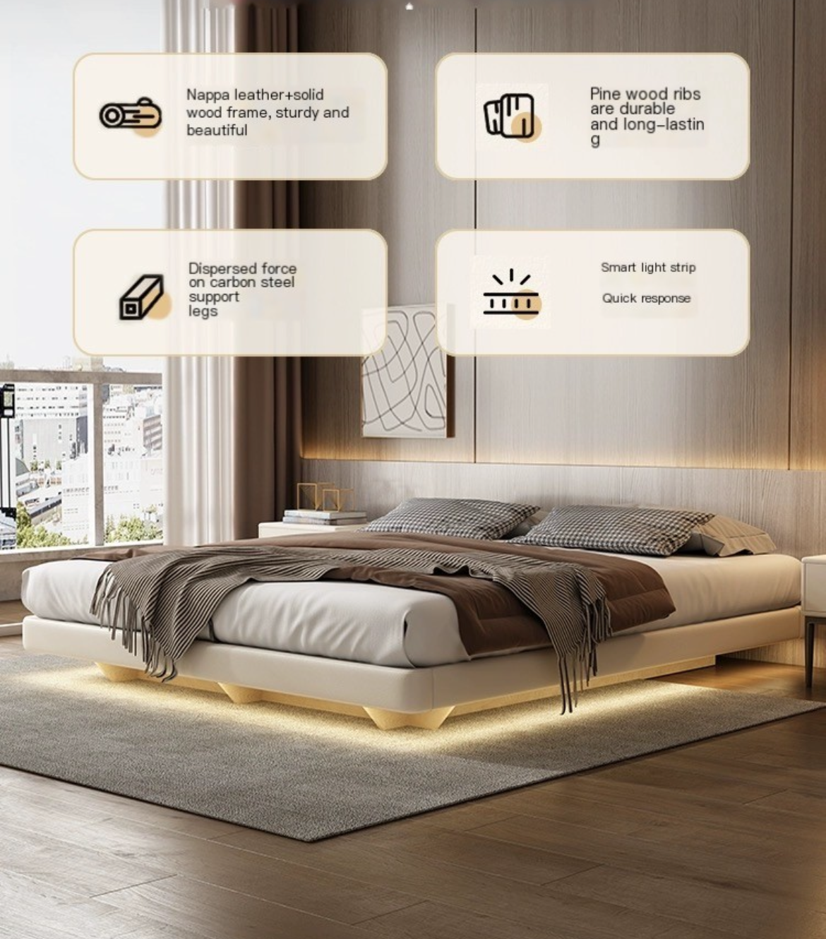 Experience the Future of Bed Design, Suspended Genuine Leather Bed - Light Luxury at its Finest.