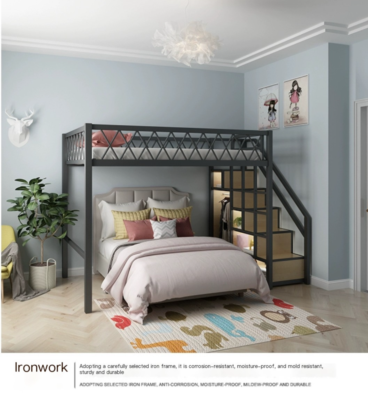 Maximize Your Space: Iron Art Duplex Loft with Modern Loft Bed - Delivered and Assembled with Care!