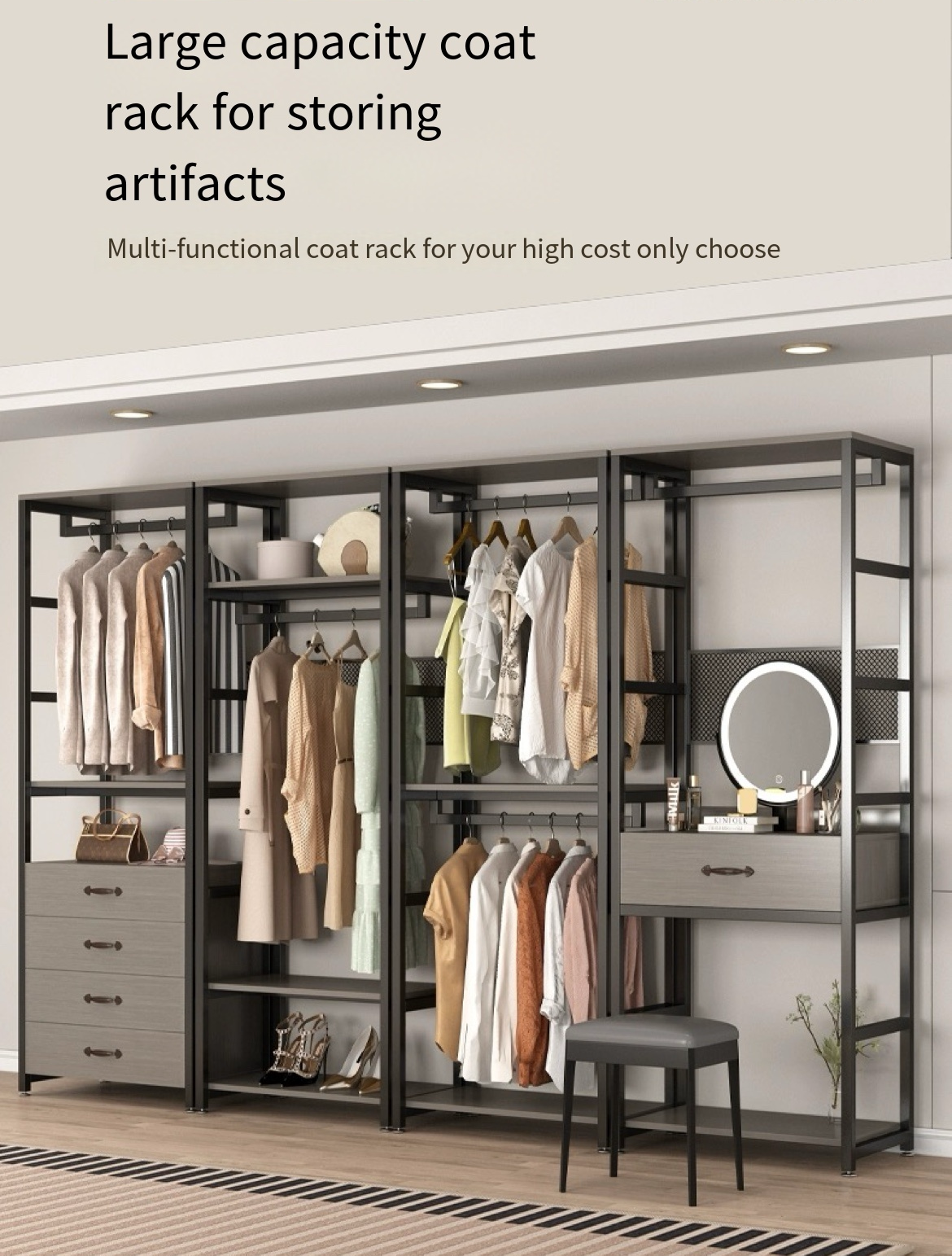 Steel and Wood Elegance: Open Wardrobe Storage Rack for Your Walk-in Closet