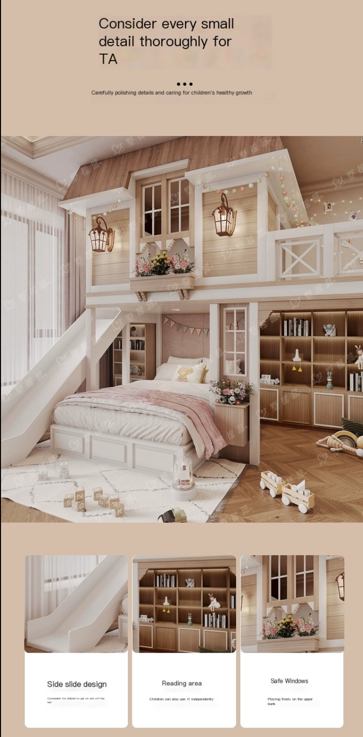 Elevate Your Child's Room: Full House Villa-Style Princess Bed with Staggered Bunks, Desk, Wardrobe, and Sliding Slide - We Bring, We Build