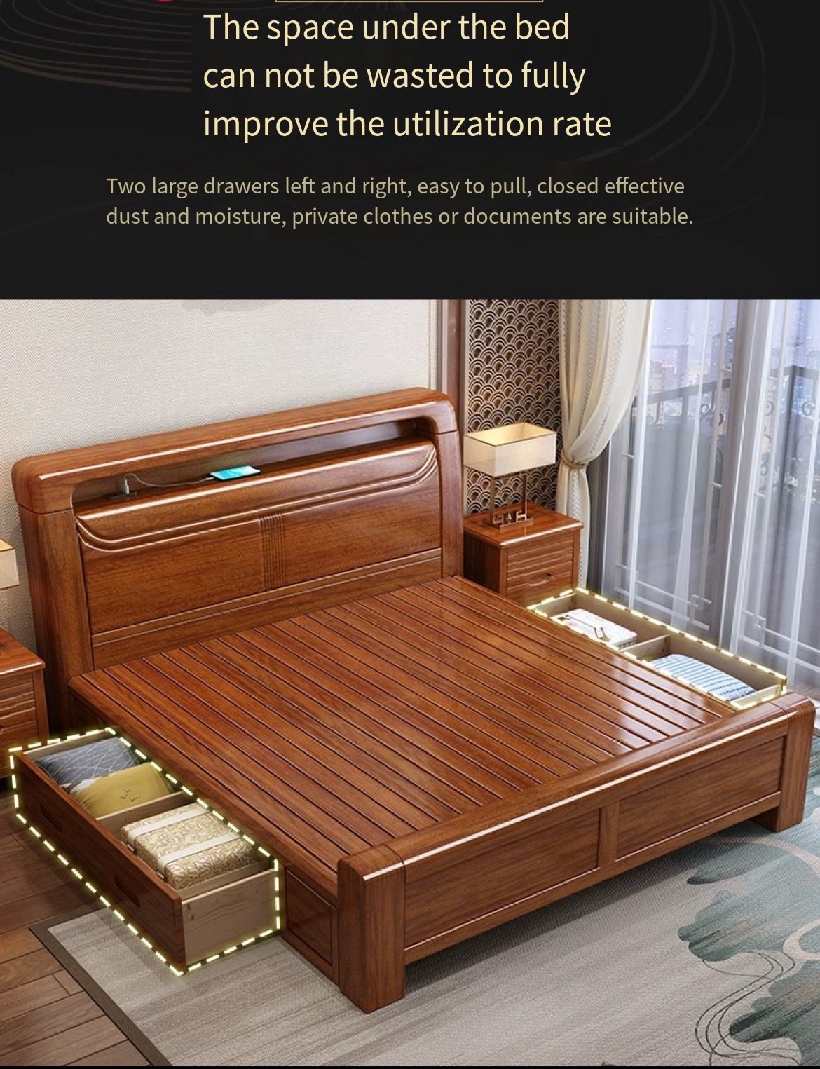 Modern Walnut Wood Double Bed with Storage - Delivered and Assembled Just for You