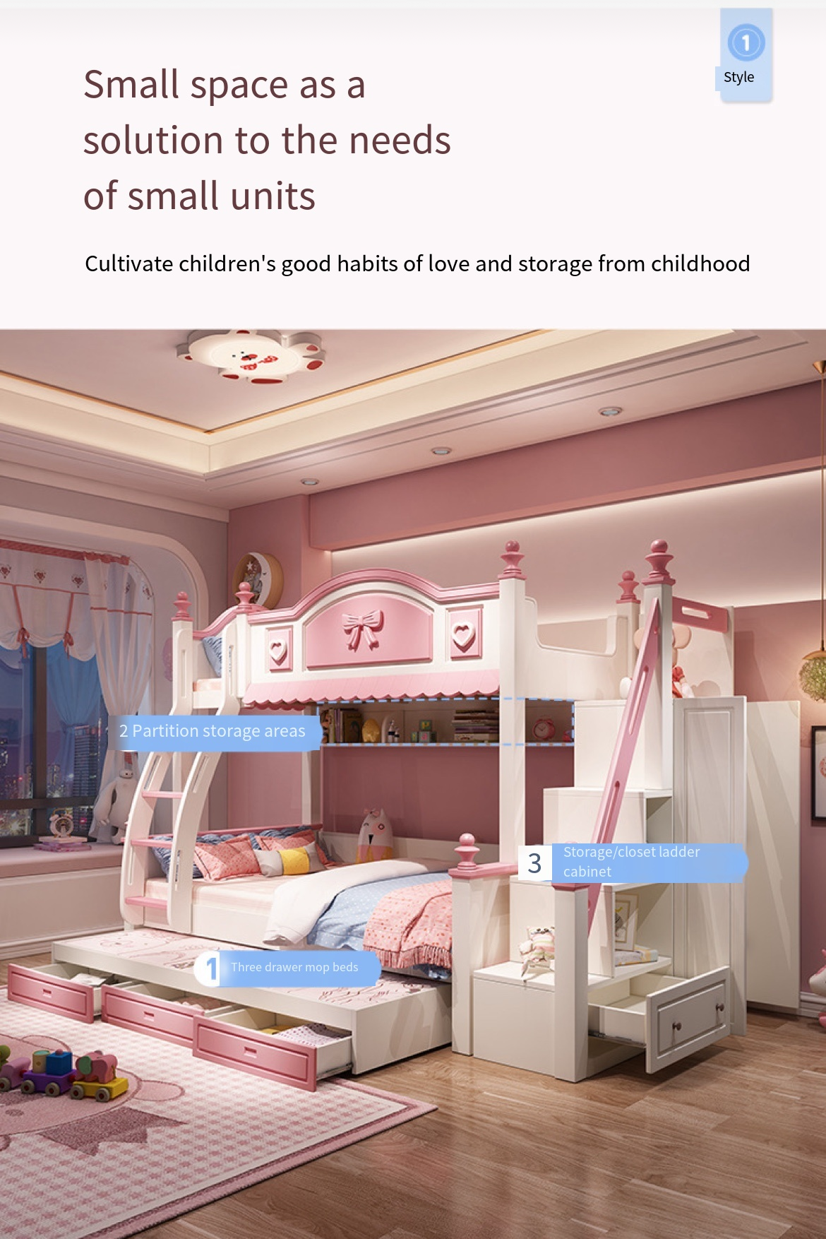 Children's Up and Down Princess Bed with Detachable Slide - Delivered and Installed