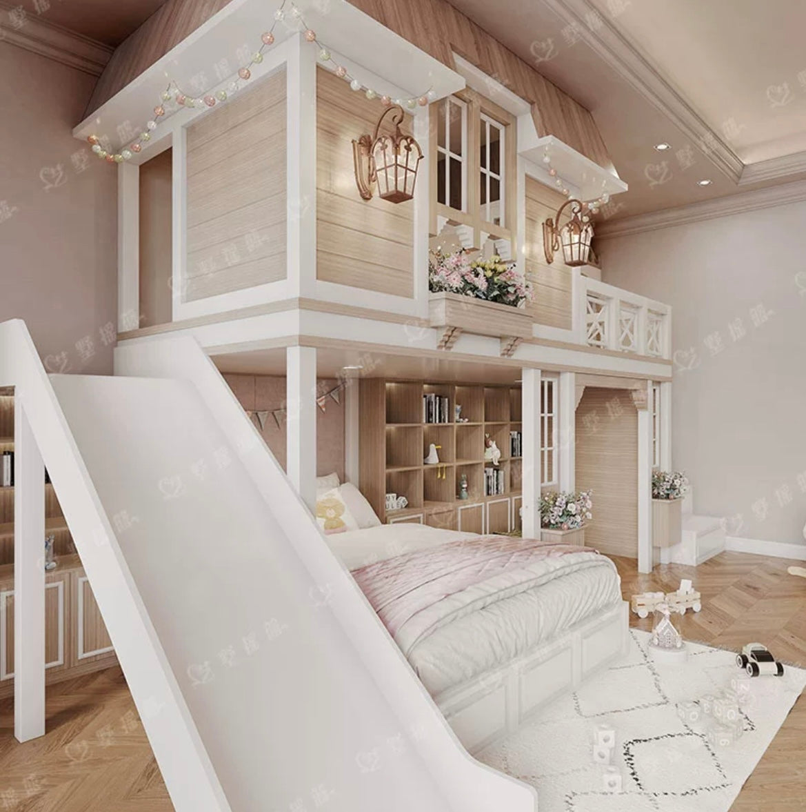 Elevate Your Child's Room: Full House Villa-Style Princess Bed with Staggered Bunks, Desk, Wardrobe, and Sliding Slide - We Bring, We Build