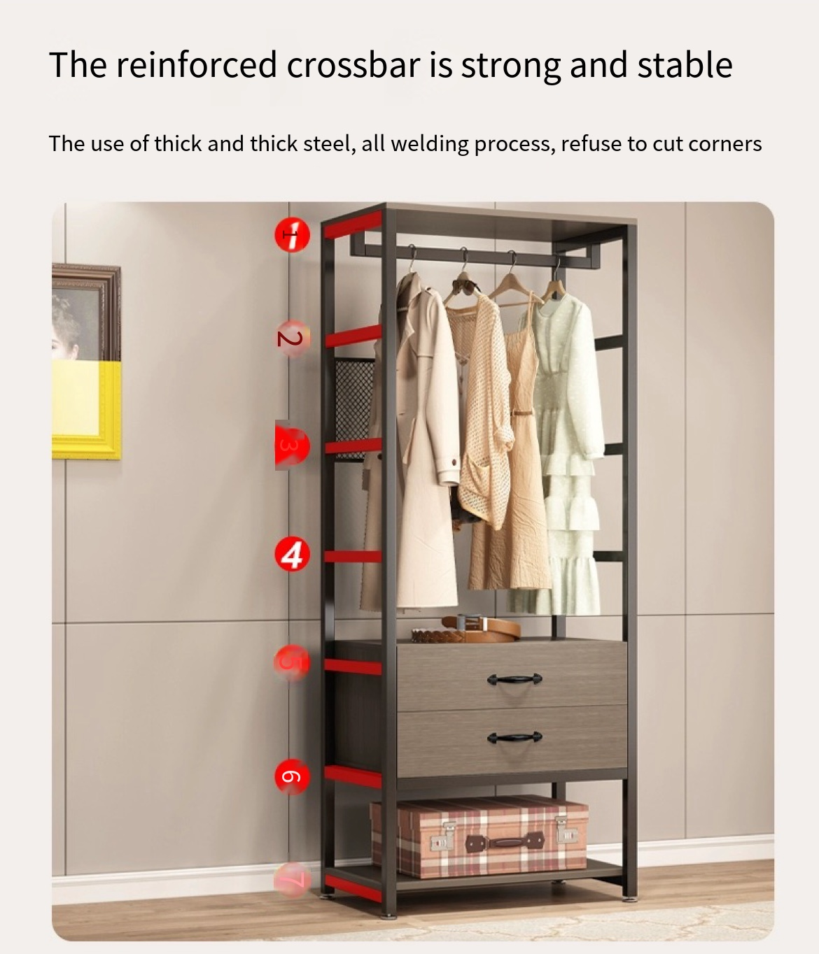 Steel and Wood Elegance: Open Wardrobe Storage Rack for Your Walk-in Closet