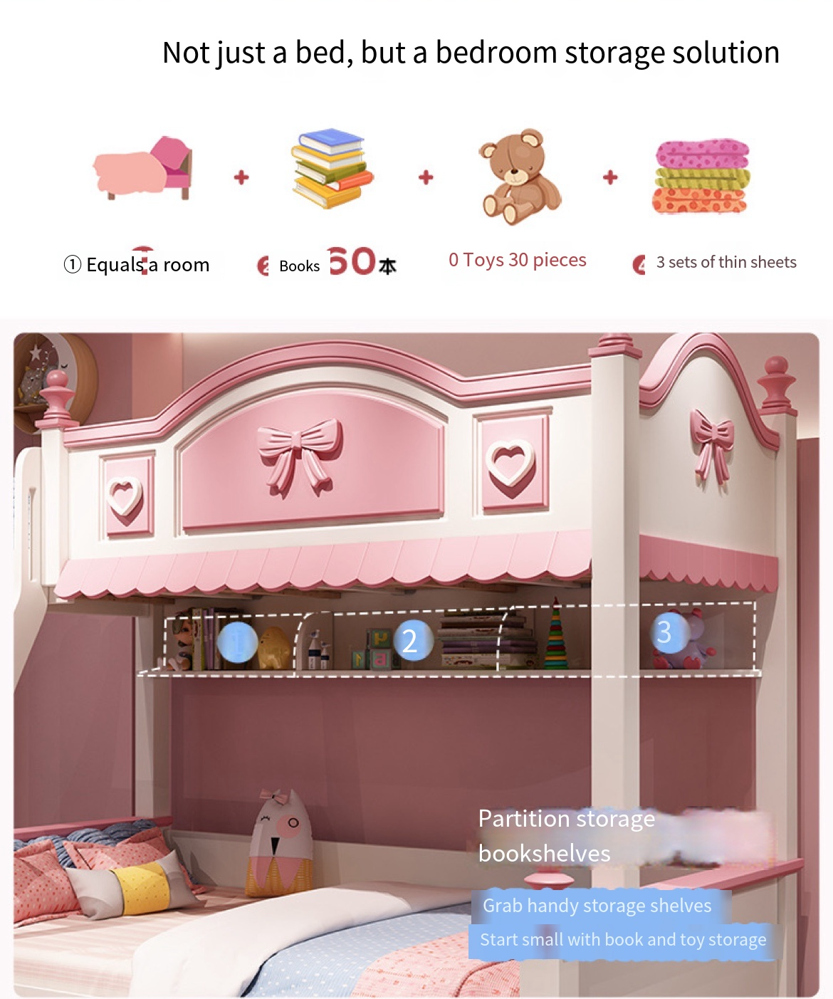 Children's Up and Down Princess Bed with Detachable Slide - Delivered and Installed