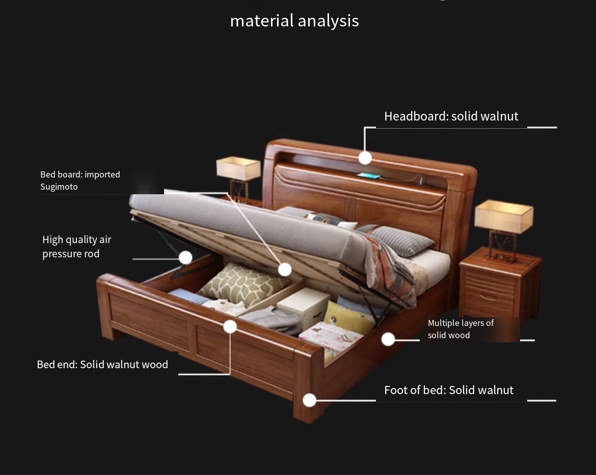 Modern Walnut Wood Double Bed with Storage - Delivered and Assembled Just for You