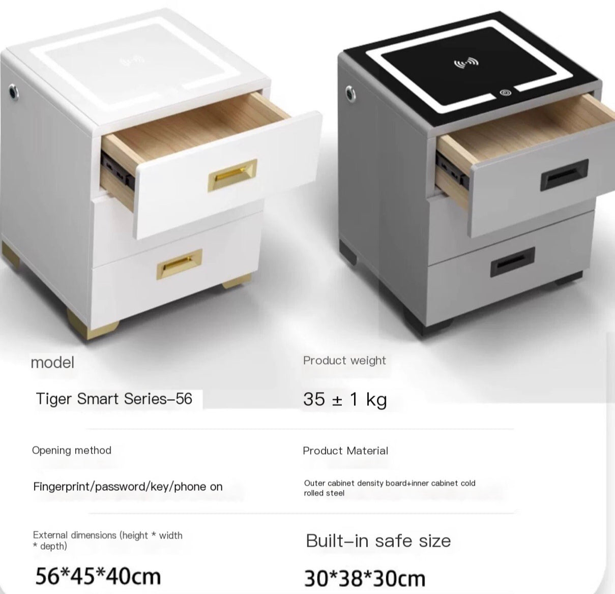 Tiger Safe Bedside Cabinet: Integrated Anti-Theft Design, Smart Drawer with Fingerprint & Wireless Password Protection, 55cm Size with WIFI Remote Control and Wireless Clip for Valuables