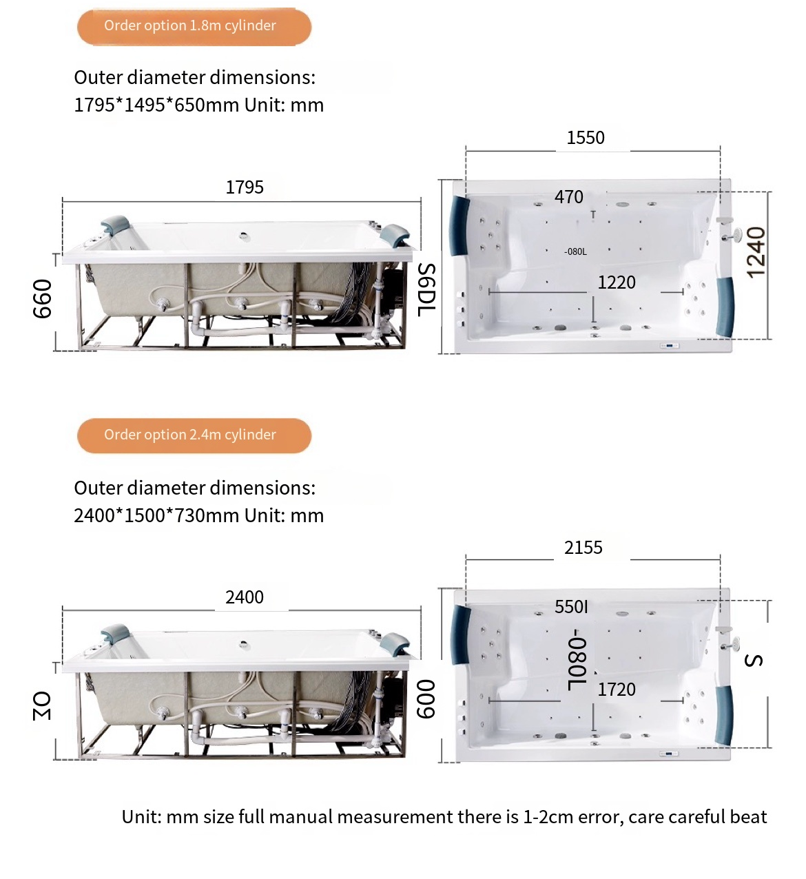 Smart Living, Luxury Bathing: 2.4m Double Villa Bathtub with Constant Temperature Heating