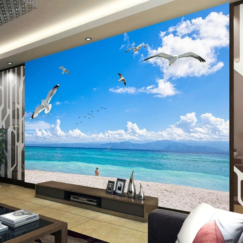 Create Coastal Paradise at Home: 3D 8D Sea Beach Mural Wallpaper for Living Rooms, Bedrooms, and Entrances