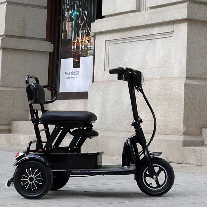 Mini folding electric tricycle for home use, suitable for men, women, elderly, and parent-child transportation. It is lightweight and has three wheels with a 48v battery and a maximum speed of 25km/h