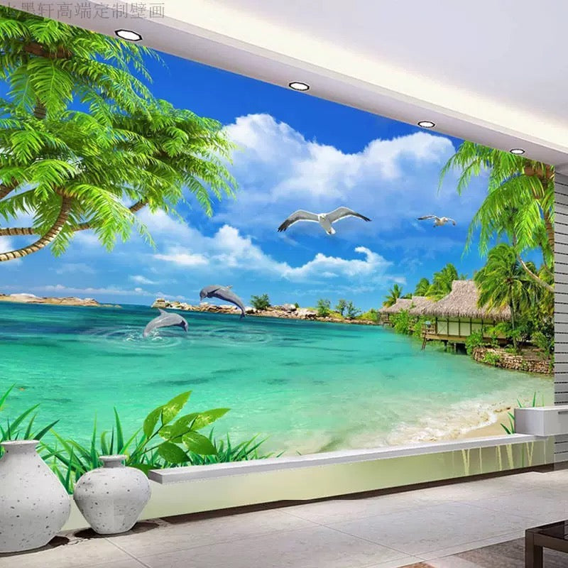 Create Coastal Paradise at Home: 3D 8D Sea Beach Mural Wallpaper for Living Rooms, Bedrooms, and Entrances