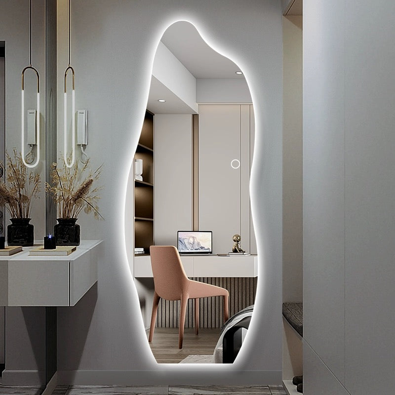 Shape Your Style: Frameless Full-Body Fitting Mirror with Irregular Design and LED