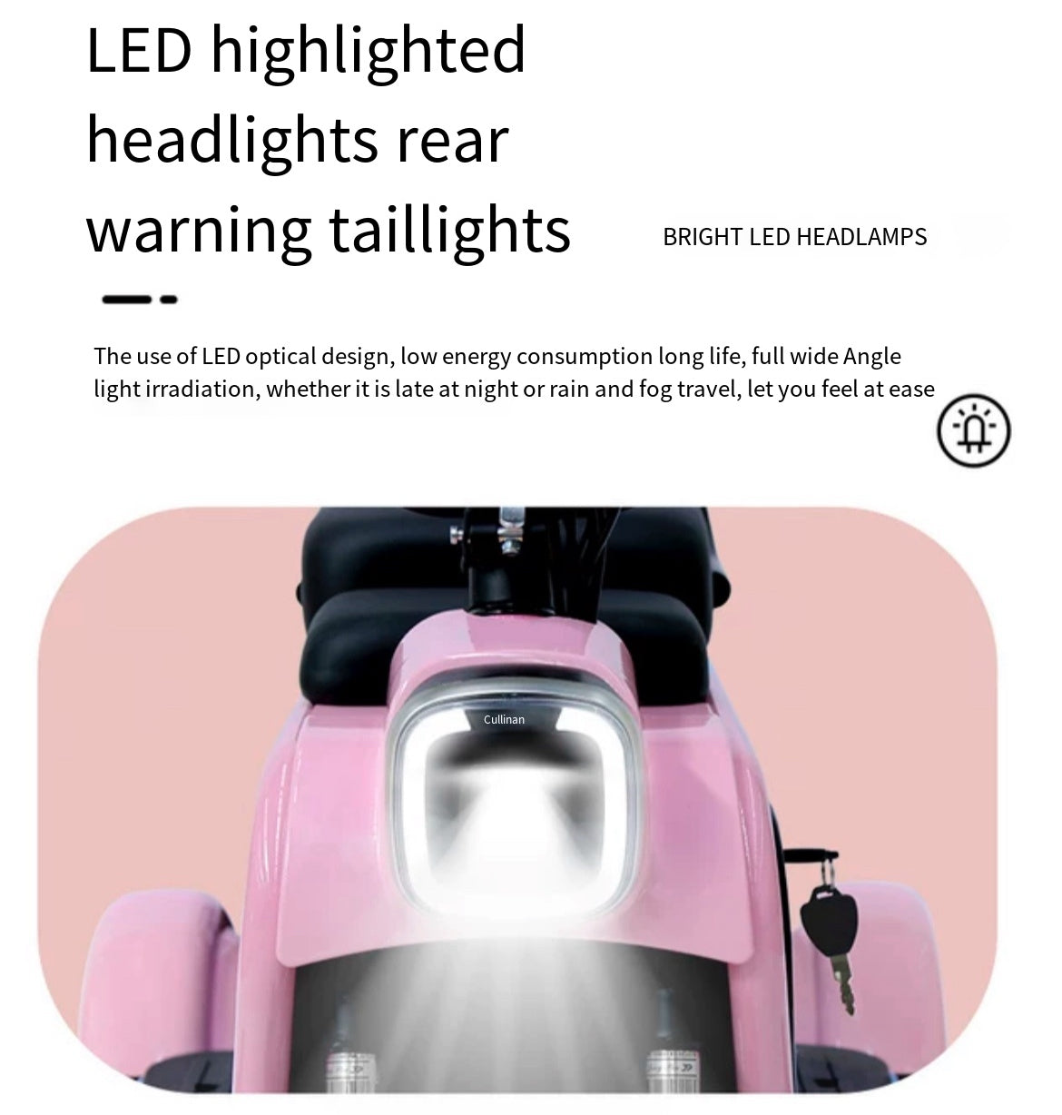 Electric tricycle for parents and children, with a small battery. Can carry up to three people and used as a mobility scooter to transport children.