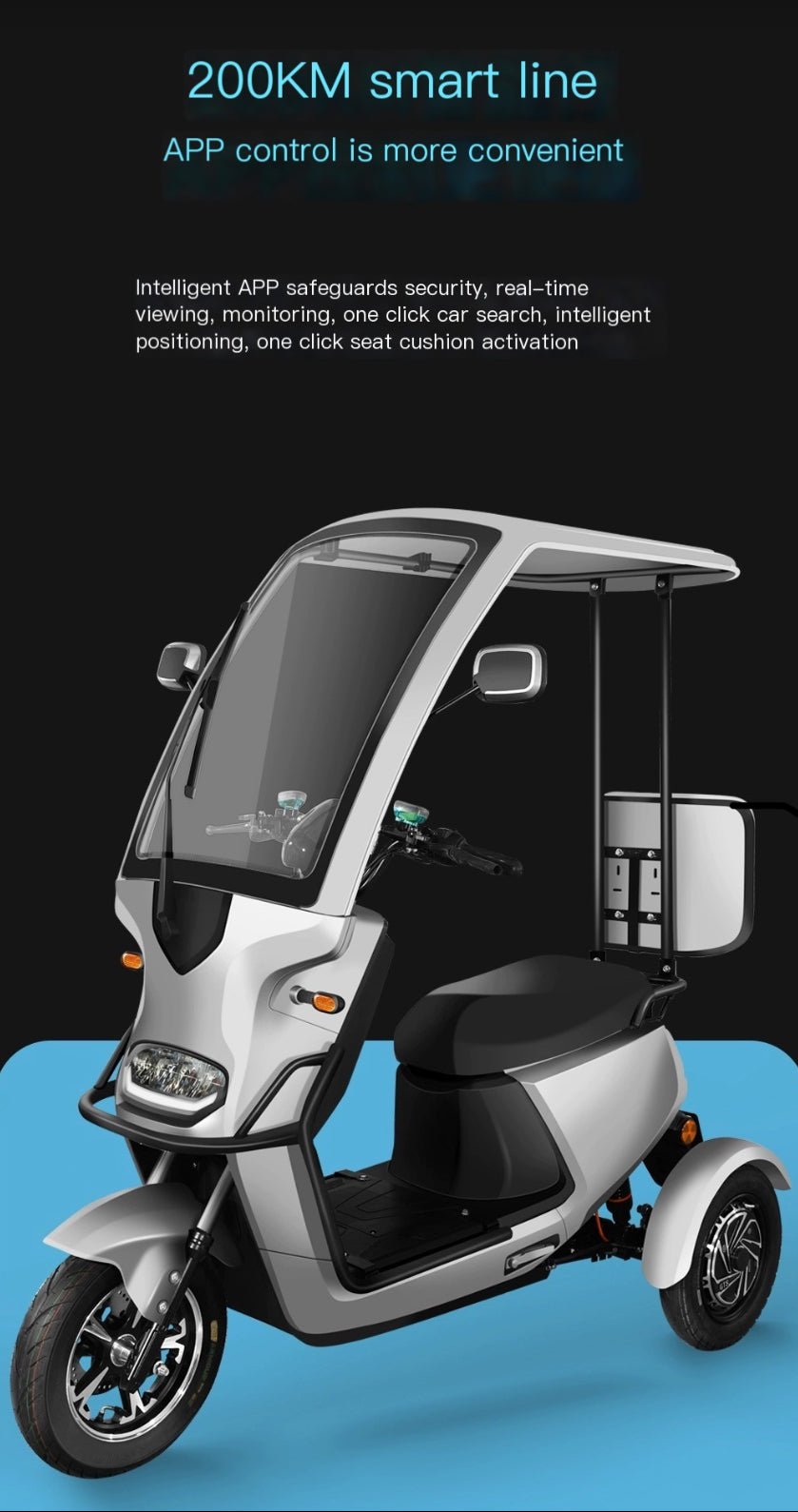 Revolutionise your ride with the Ultimate Family mobility solution tricycle with equipedd with a 72v battery and maximum speed of 50km/h with an efficient pure electric range of 65km.