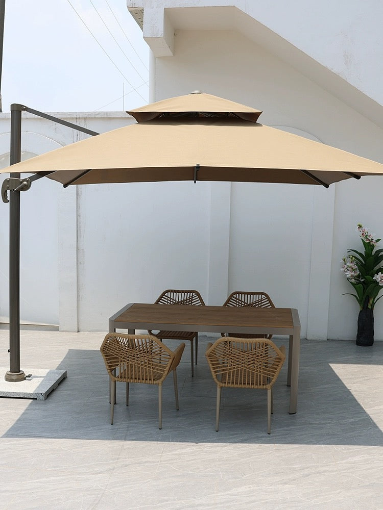 Redefine Outdoor Elegance: The All-Weather Rattan Table and Chair Set with Umbrella - Your Gateway to Stylish Courtyard Living