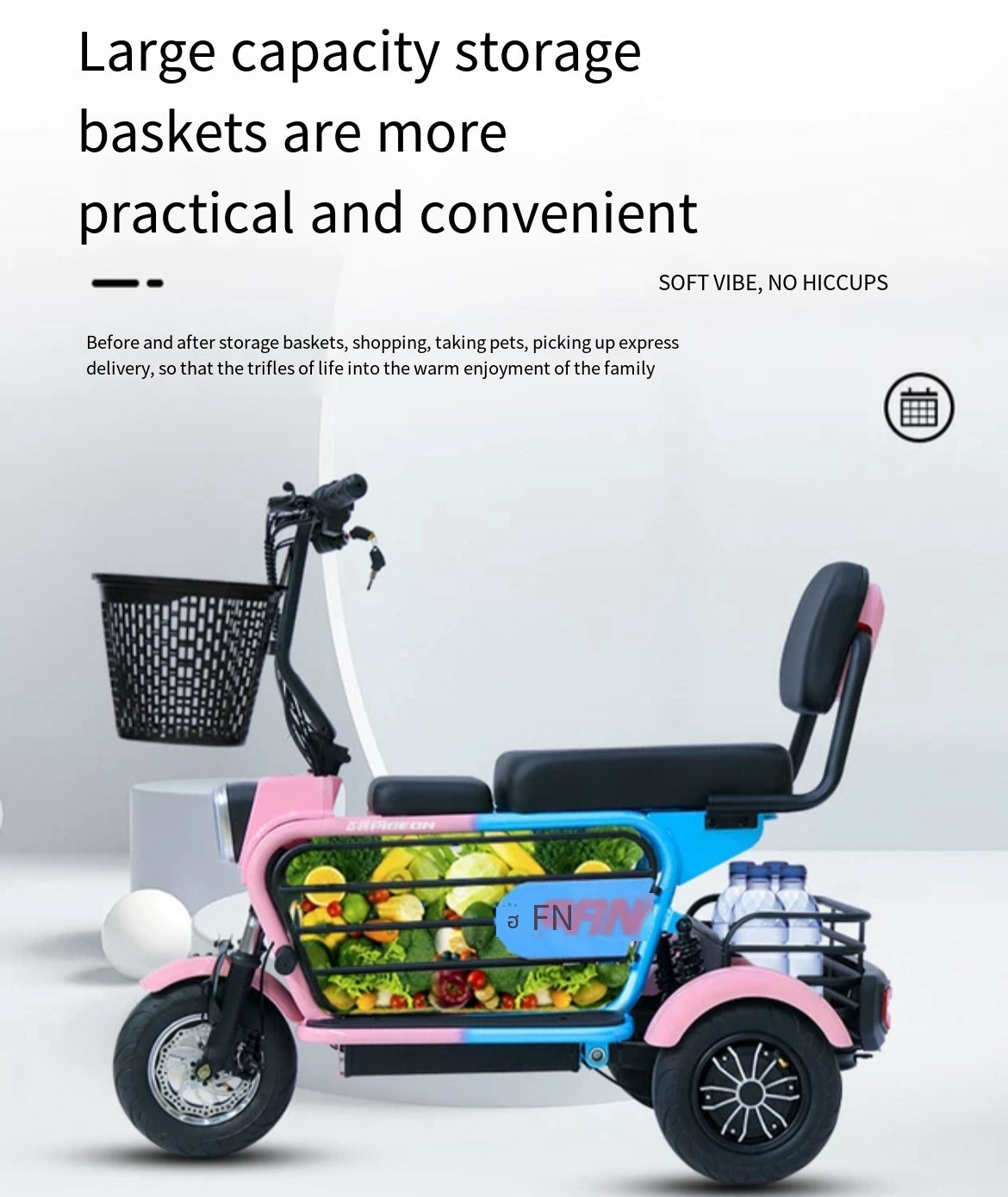 Electric tricycle for parents and children, with a small battery. Can carry up to three people and used as a mobility scooter to transport children.