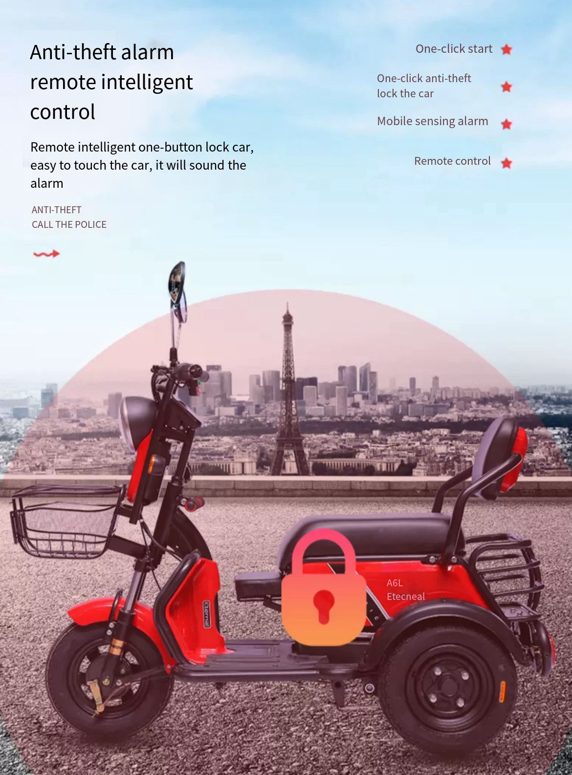 Family-Friendly Electric Tricycle with Three Wheels, maximum power of 500w and 60v Battery.