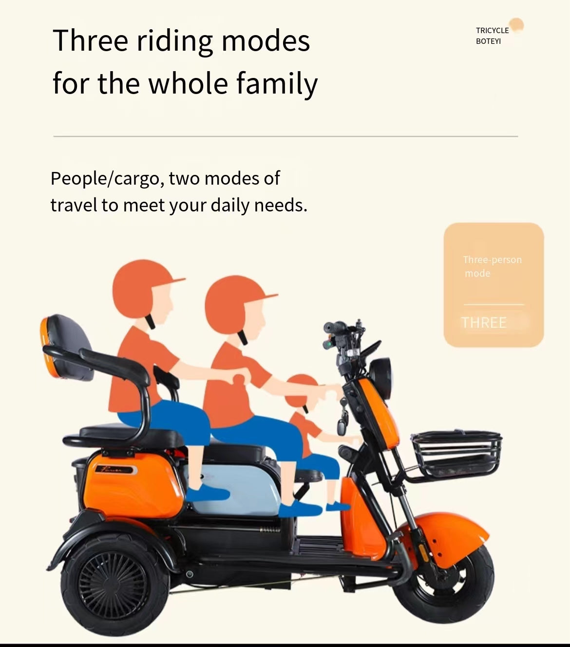 Multi-Purpose Electric Tricycle for All Ages with a maximum power of 500w and 60v battery: Ideal for Transporting Children, Adults, and the Elderly