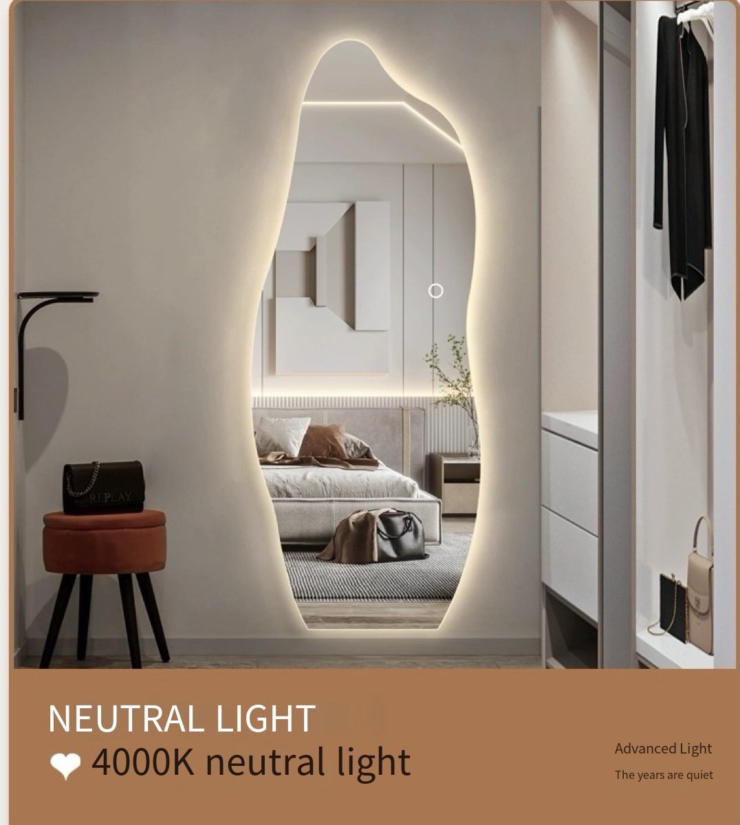 Shape Your Style: Frameless Full-Body Fitting Mirror with Irregular Design and LED