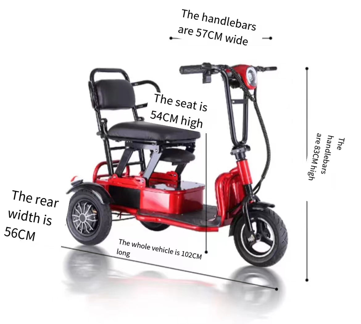 Mini folding electric tricycle for home use, suitable for men, women, elderly, and parent-child transportation. It is lightweight and has three wheels with a 48v battery and a maximum speed of 25km/h