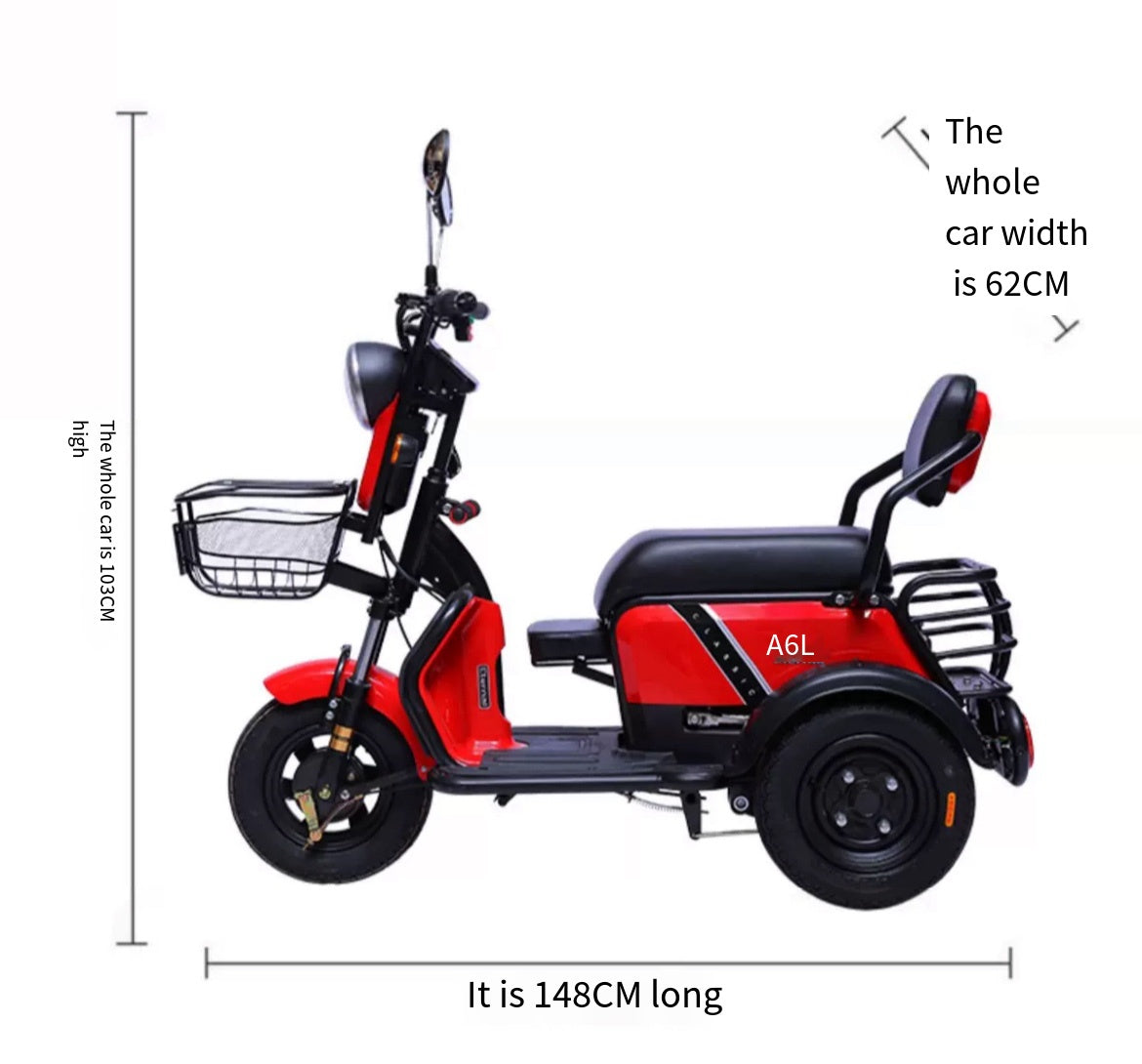 Family-Friendly Electric Tricycle with Three Wheels, maximum power of 500w and 60v Battery.